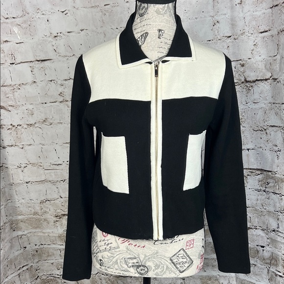 ZARA Knit Black & White Colorblock Zip-Up Jacket Size M - Picture 1 of 8